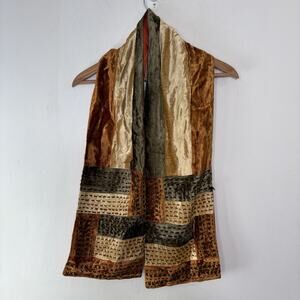 Neutral Fall Colors Patchwork Velvet Scarf 48”x8” Artsy Eclectic Boho Indie Gift